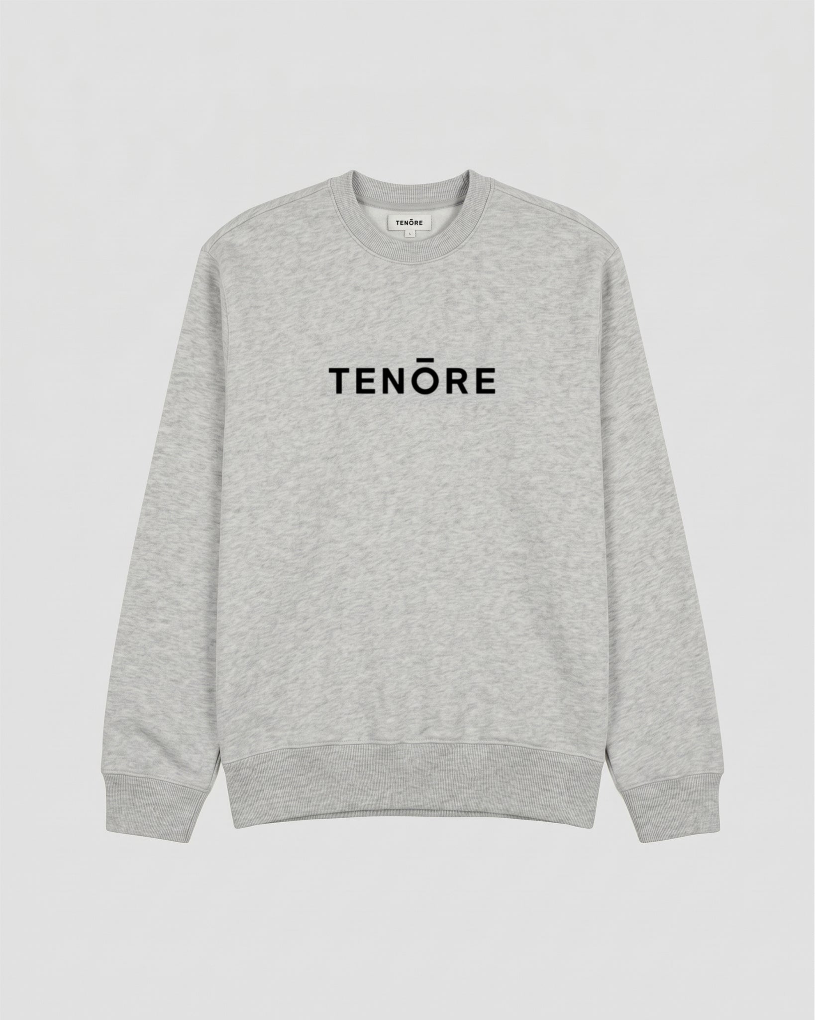 A light heather gray crewneck sweatshirt with the brand name 'TENORE' printed in black across the chest.